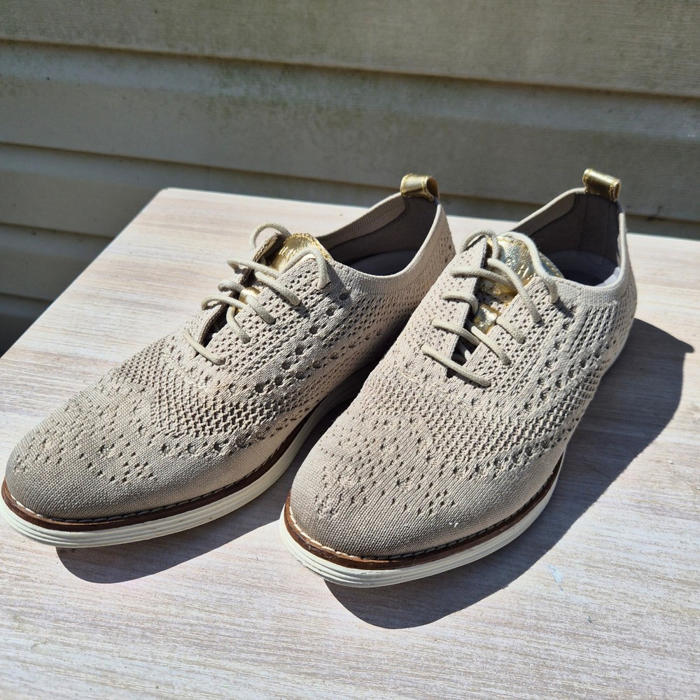 Cole Haan OriginalGrand Wingtip Oxford Beige Gold Stitchlite Knit Shoes 8.5B